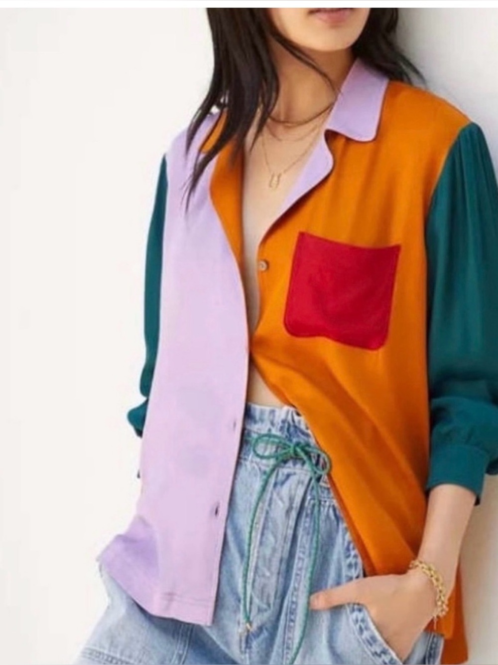 Farm Rio by anthropology Colorblock Button-Down Shirt in Orange, Teal, Lavender